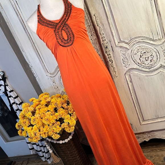 A.N.A. Orange Jersey Knit Halter Maxi Dress with Wood Beading Details - Picture 3 of 7